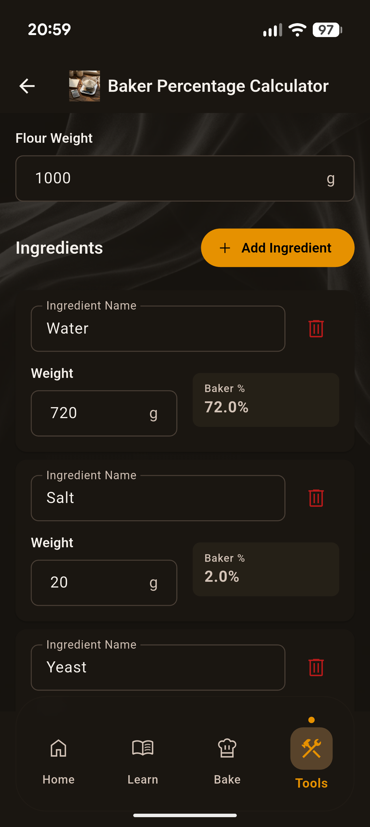 The Baker app Baker Percentage Calculator showing flour weight, ingredient weights, and calculated baker percentages