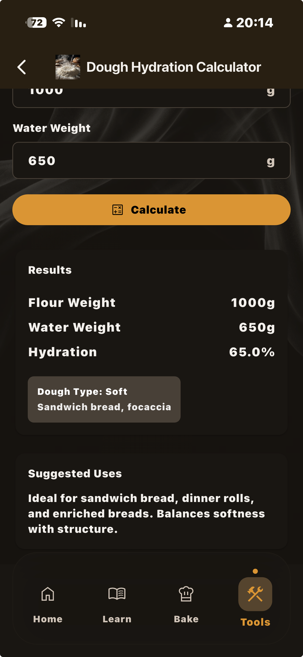 The Baker app hydration calculator including starter contribution