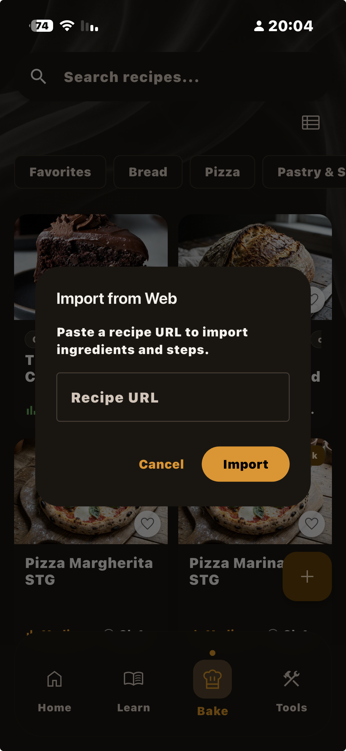 The Baker app import screen for saving recipes from the web