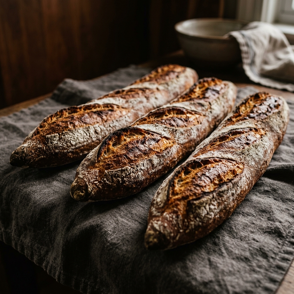 Three perfectly scored French baguettes