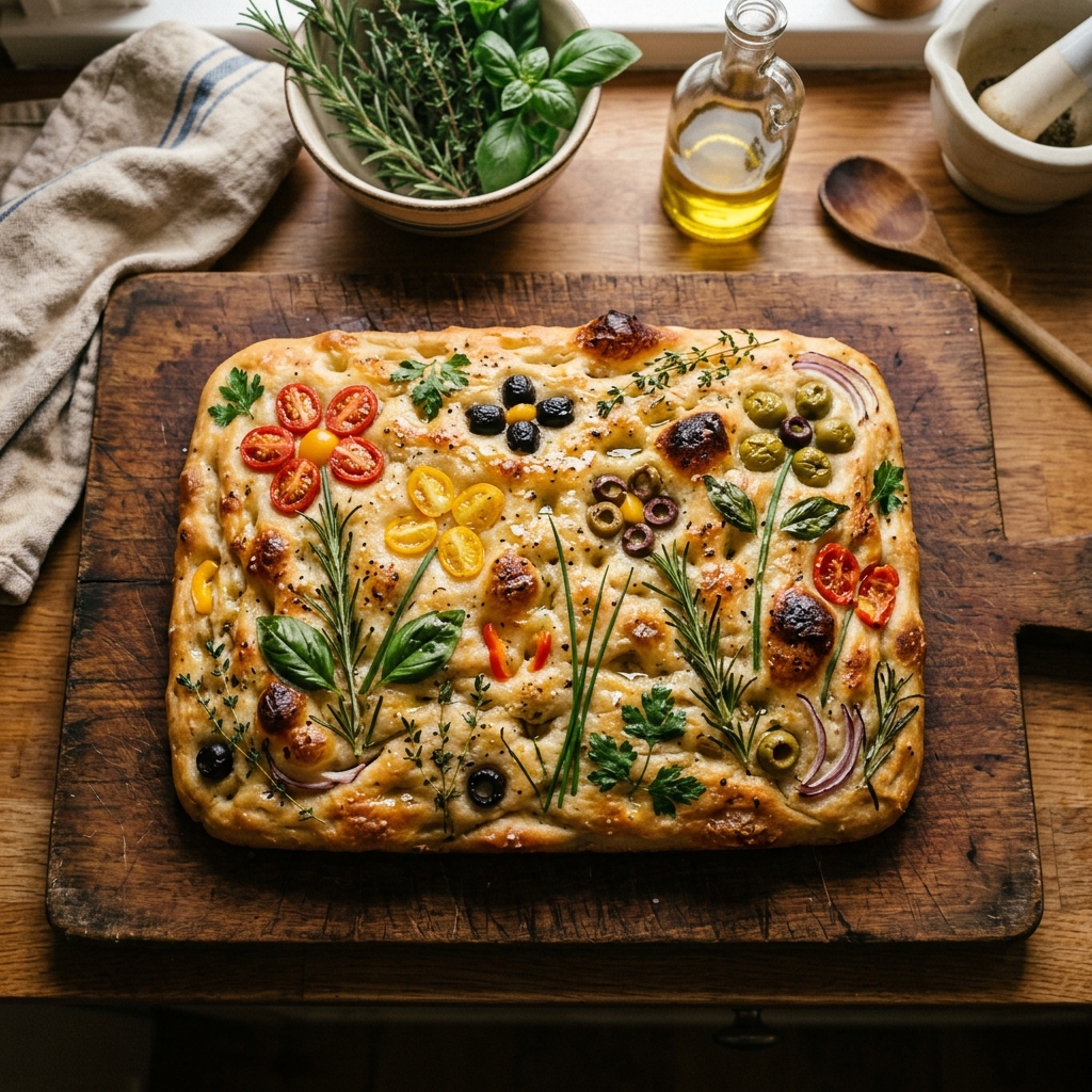 Focaccia with garden herb decoration