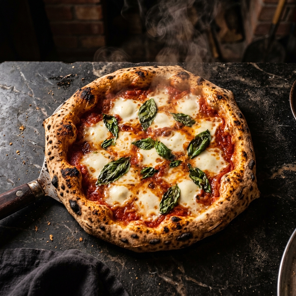 Perfect Neapolitan pizza with charred leopard-spotted crust